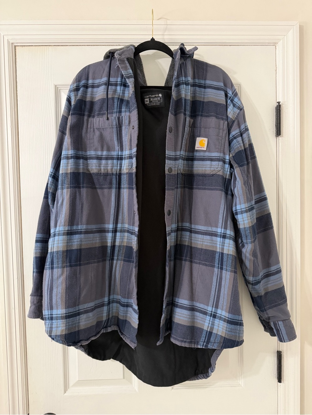 Carhartt Men's Gray and Blue Plaid Hooded Button-Down Shirt Jacket